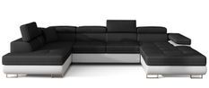 Canapé panoramique tissu noir et simili cuir blanc convertible avec coffre de rangement Romano 345 cm
