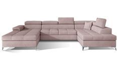 Canapé panoramique tissu rose clair coffre de rangement à droite Kutty 345 cm