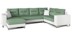 Canapé panoramique tissu vert clair et simili cuir blanc en forme de U convertible avec petit coffre de rangement Lizzio 312 cm