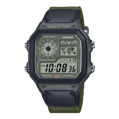 Casio Sport World Time Illuminator 5 Alarms - Future Classic Collection - Black Green AE-1200WHUB-3AVEF