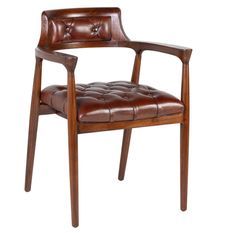 Chaise avec accoduoir bois massif vernis et cuir veritable capitonné Artano