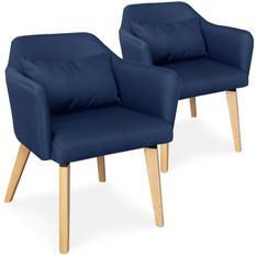 Chaise avec accoudoirs tissu bleu et pieds bois clair Biggie - Lot de 2