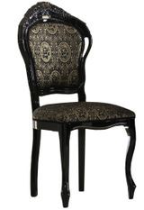 Chaise bois vernis laqué brillant et assise tissu noir avec motifs dorés Kerla