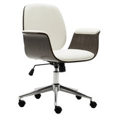 Chaise de bureau simili cuir blanc et bois courbé gris Cine