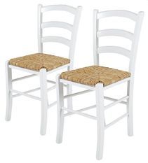 Chaise de cuisine bois blanc et assise en paille Lausane - Lot de 2