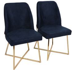 Chaise design velours bleu marine et pieds doré Skyma - Lot de 2
