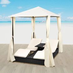 Chaise longue double avec rideaux Résine tressée Noir