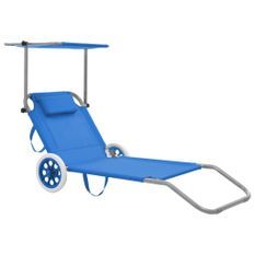 Chaise longue pliable à roulettes tissu bleu et métal Durra