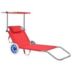 Chaise longue pliable à roulettes tissu rouge et métal Durra