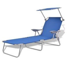 Chaise longue pliable avec auvent tissu bleu et métal gris Zita
