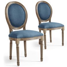 Chaise médaillon bois et tissu bleu Louis XVI - Lot de 2