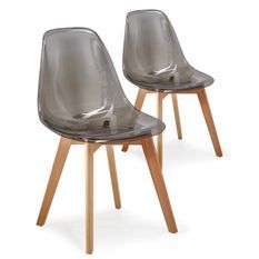 Chaise plexiglass gris fumé et pieds bois naturel Oxy - Lot de 2