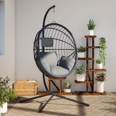 Chaise suspendue en forme d'œuf et support gris rotin et acier