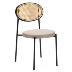 Chaise tissu gris avec rotin naturel et métal noir Hery