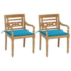 Chaises Batavia 2 pcs avec coussins bleus Bois de teck massif