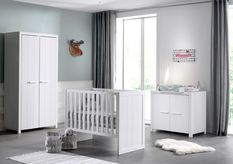 Chambre bébé 3 pièces lit commode et armoire 2 portes pin massif laqué blanc Erik 60x120 cm