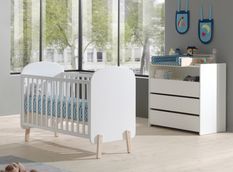 Chambre bébé 3 pièces lit commode et plan à langer bois laqué blanc et pin clair Kiddy 60x120 cm