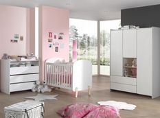 Chambre bébé 4 pièces lit commode plan à langer et armoire 3 portes bois laqué blanc et pin clair Kiddy 60x120 cm