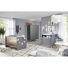 Chambre bébé Mathys lit 70x140 cm avec commode à langer et armoire bois clair et gris