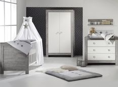 Chambre bébé Nordic Driftwood lit 70x140 cm commode et armoire 2 portes bois gris et blanc