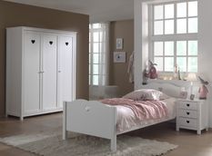 Chambre enfant 3 pièces lit chevet et armoire 3 portes bois laqué blanc Cœur 90x200 cm