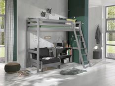Chambre enfant 3 pièces lit fauteuil et bibliothèque pin massif gris Pino 90x200 cm