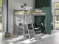 Chambre enfant 3 pièces lit fauteuil et commode 4 tiroirs pin massif gris Pino 140x200 cm