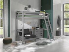 Chambre enfant 3 pièces lit fauteuil et commode 4 tiroirs pin massif gris Pino 90x200 cm