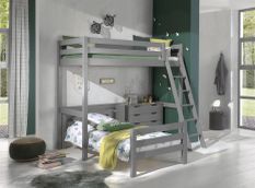 Chambre enfant 3 pièces lit mezzanine lit simple et commode 4 tiroirs pin massif gris Pino 90x200 cm