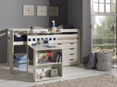 Chambre enfant 4 pièces lit bureau étagère et commode 4 tiroirs pin massif blanc Pino 90x200 cm