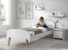 Chambre enfant 4 pièces lit chevet et 2 étagères bois laqué blanc et pin clair Kiddy 90x200 cm