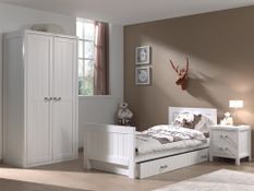 Chambre enfant 4 pièces lit gigogne chevet et armoire 2 portes bois laqué blanc Lewis 90x200 cm