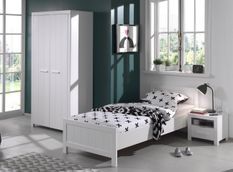 Chambre enfant 4 pièces lit gigogne chevet et armoire 2 portes pin massif laqué blanc Erik 90x200 cm