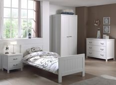 Chambre enfant 4 pièces lit sommier chevet et armoire 2 portes bois laqué blanc Lewis 90x200 cm