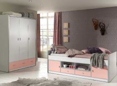 Chambre enfant 90x200 cm 2 pièces lit multi-rangement et armoire 3 portes bois rose et blanc Bonny