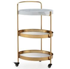 Chariot de bar ZOVA en métal, marbre artificiel et miroir – Doré & Blanc