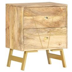 Chevet 2 tiroirs manguier massif et pieds métal doré Rakat