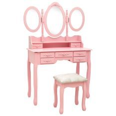 Coiffeuse avec tabouret et miroir pliable en 3 Rose