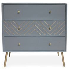 Commode 3 tiroirs bois massif gris et pieds métal doré Lumir