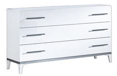 Commode design 3 grands tiroirs bois blanc laqué et et métal argenté Diamanto 120 cm