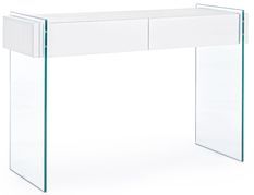 Console 2 tiroirs bois blanc et verre trempé Lina 110 cm