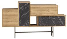 Console bois chêne clair et noir effet marbre 2 tiroirs 2 portes Kermina 160 cm
