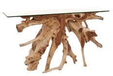 Console en racine de teck et verre trempé RAKINA 135 cm