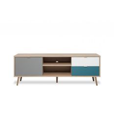 CUBA Meuble TV scandinave décor chene, gris, blanc et bleu pétrole - L 150 cm