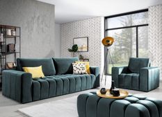 Ensemble 1 canapé convertible + 1 fauteuil + 1 pouf capitonné LARKO velours