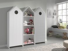 Ensemble 2 armoires enfant blanc & gris et 1 bibliothèque blanche bois laqué Camila
