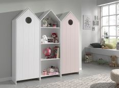Ensemble 2 armoires enfant blanc & rose et 1 bibliothèque bois laqué blanc Camila
