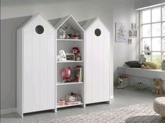 Ensemble 2 armoires enfant et 1 bibliothèque bois laqué blanc Camila