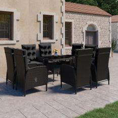 Ensemble à dîner de jardin 9 pcs Résine tressée et verre Noir