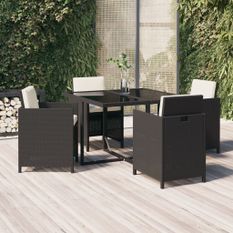 Ensemble à dîner de jardin avec coussins 5 pcs poly rotin noir